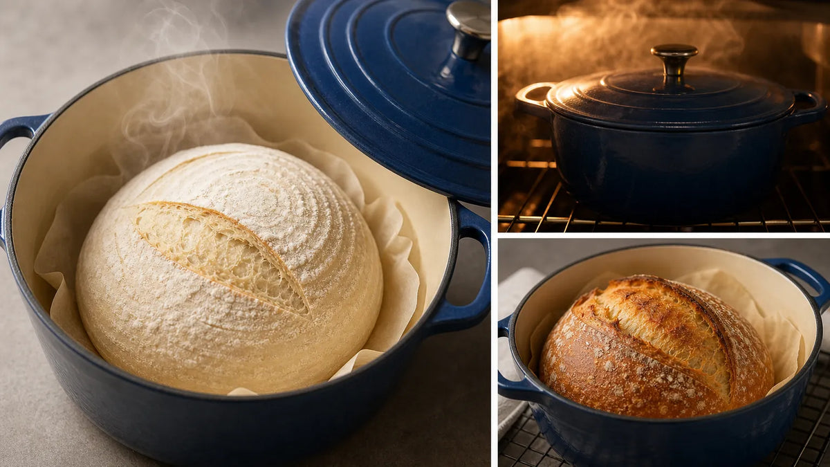 Sourdough bread baking in a blue Dutch oven with steam, covered oven stage, and golden finished loaf