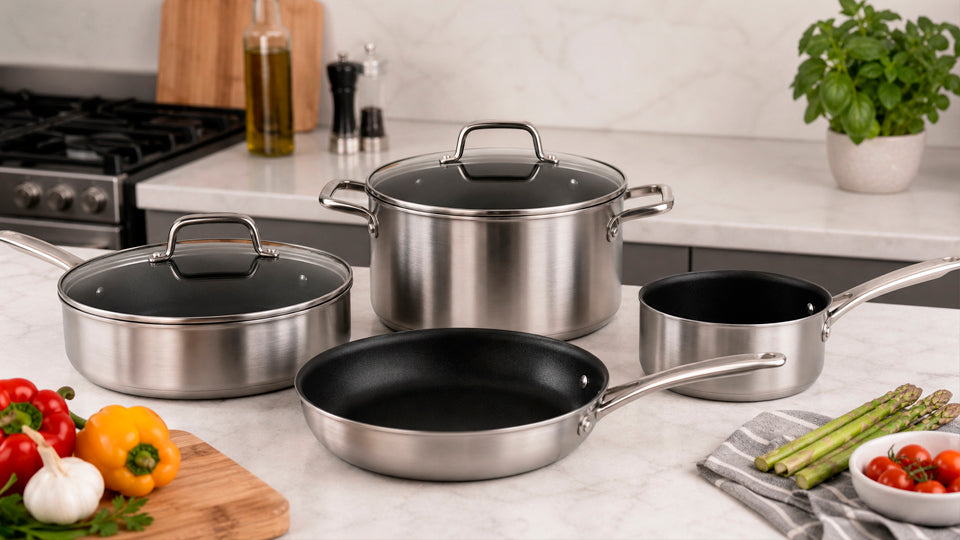 Deluxe Cookware stainless steel pots and pans set on marble kitchen counter with fresh bell peppers, asparagus and tomatoes