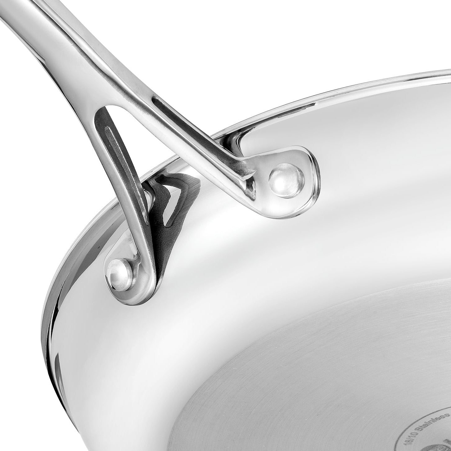 Stainless steel frying pan with riveted handle and glass lid for sautéing and frying