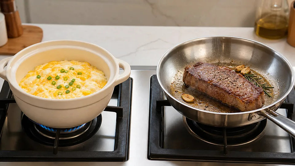 Cream pot and stainless skillet cooking side by side on a gas stove