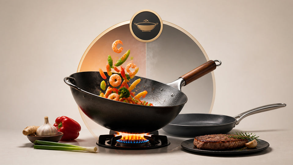 Deluxe Cookware black wok stir-frying shrimp vegetables on gas stove with nonstick pan and seared steak garlic ginger