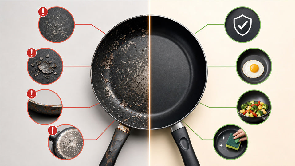 Damaged nonstick frying pan before and after cleaning, with safe cooking icons