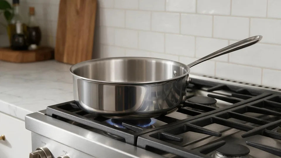 Metal saucepan on a gas stove with a blue flame beneath it.