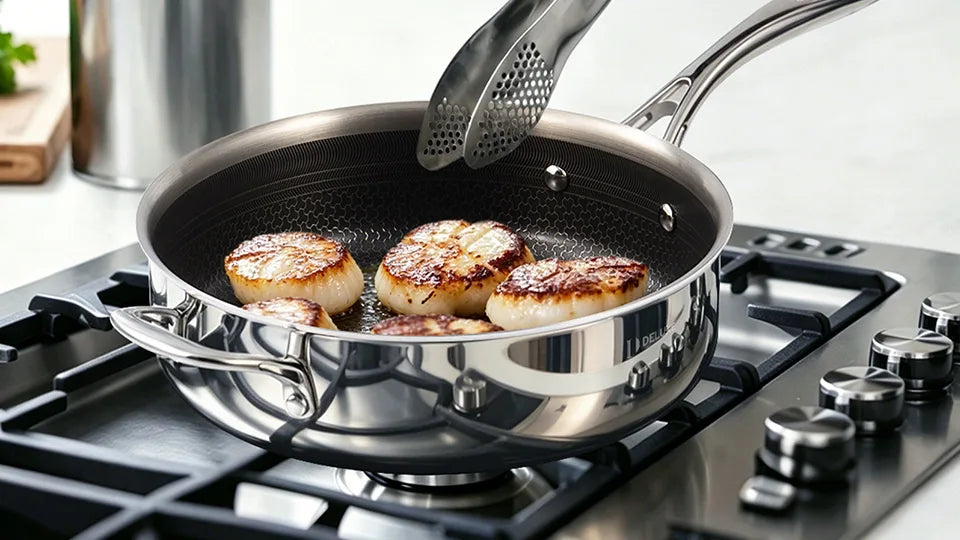 Seared scallops cooking in a stainless steel frying pan on a gas stovetop.