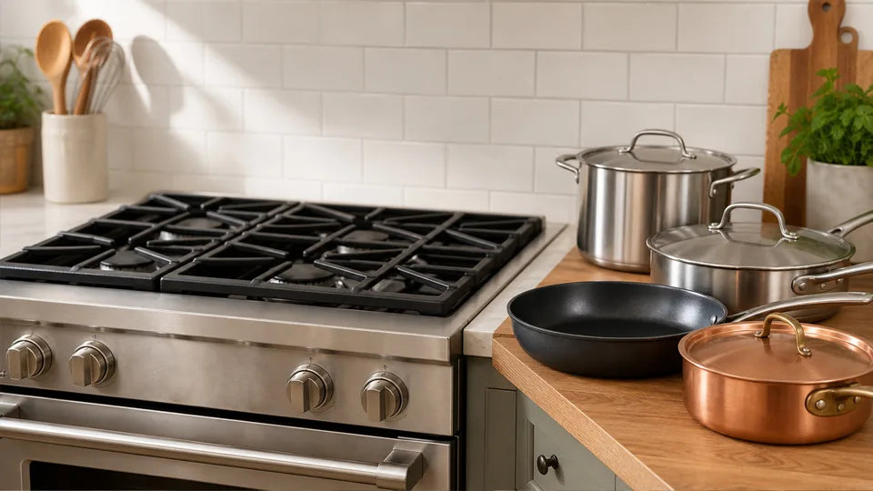 Gas range with pots and pans on a kitchen counter