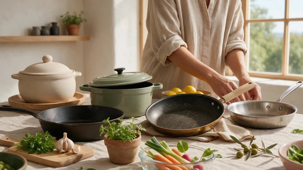 Assorted cookware including a Dutch oven, pots, and pans with fresh vegetables on a kitchen counter