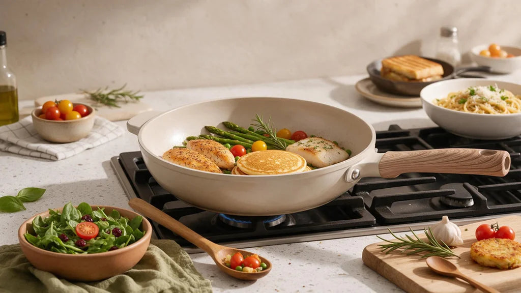 Ceramic nonstick pan on a stovetop with cooked salmon and vegetables
