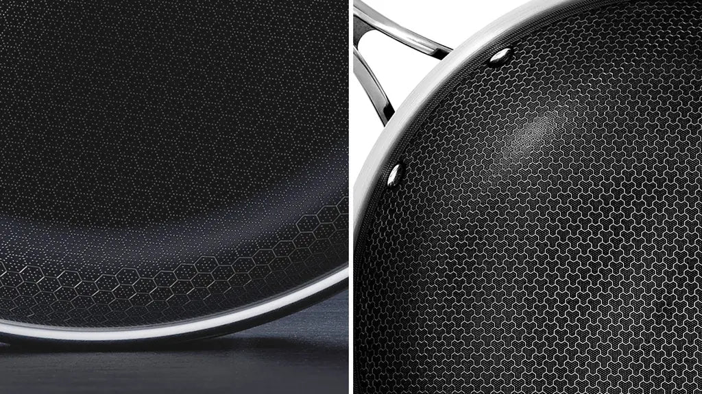 DELUXE hybrid cookware pan surface showing a black hexagonal laser-etched stainless steel pattern