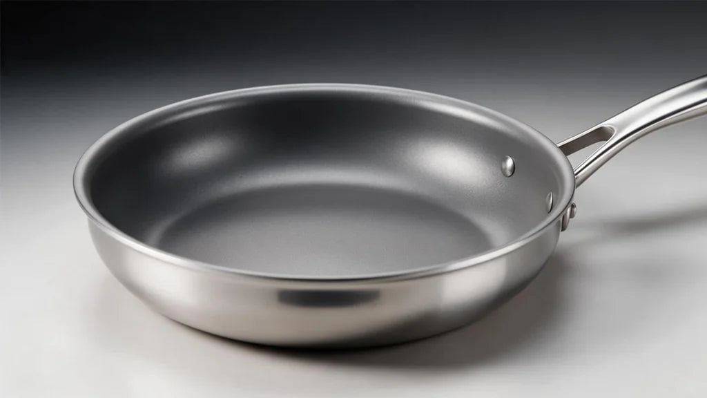 An empty stainless steel frying pan on a plain background
