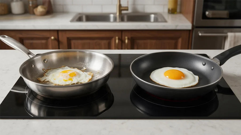 Two frying pans on a stovetop: a stainless steel pan with a broken-yolk egg and a nonstick pan with an intact-yolk egg