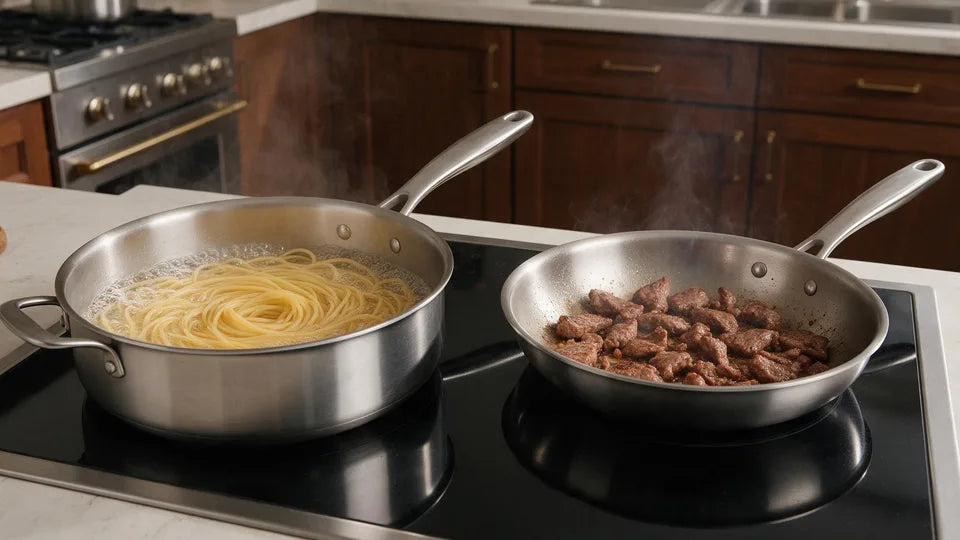 Two stainless-steel pans on a black cooktop, one with noodles and one with browned meat, both steaming.