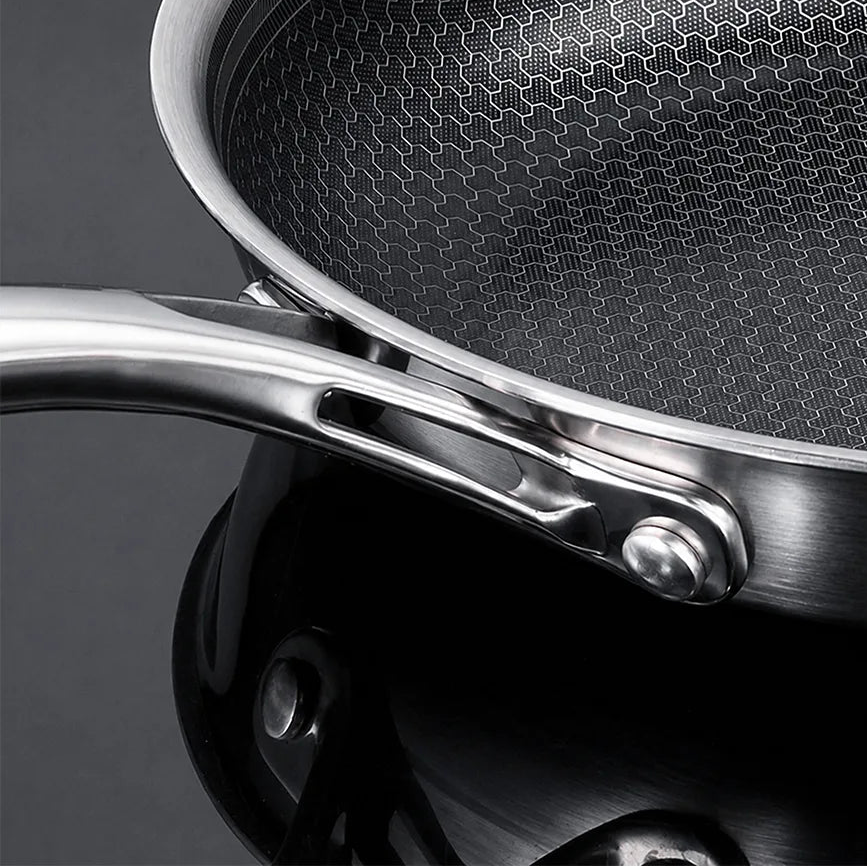 12 inch hybrid ceramic nonstick stainless steel frying pan with lid, close-up of handle and rim